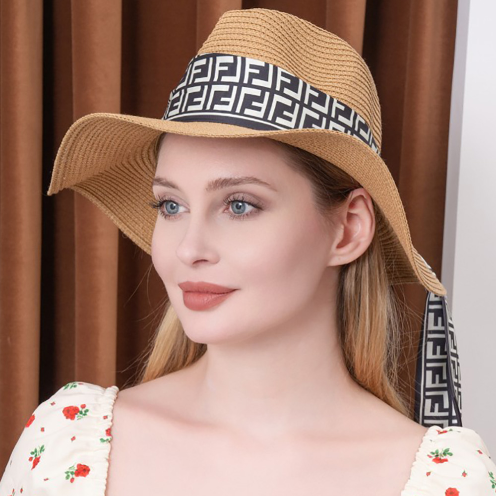 H3334-KHAKI Patterned Ribbon Straw Sun Hat - Savvy New York